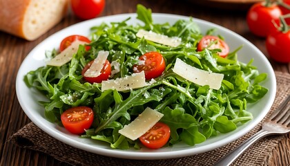 Green arugula salad mixing with red cherry tomatoes and parmesan cheese shavings. Healthy fresh vegetarian food serving