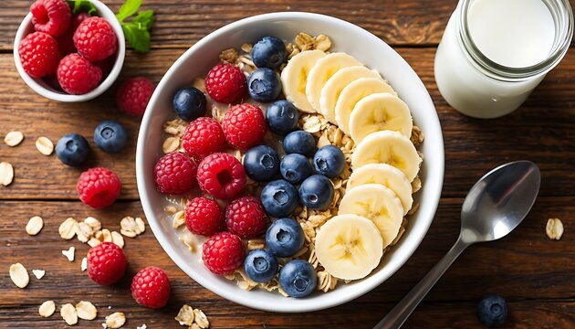 Healthy breakfast bowl featuring overnight oats, fresh raspberries, blueberries, banana slices, and a glass of milk on a wooden table - Powered by Adobe