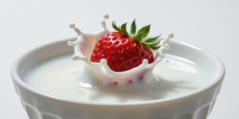 A strawberry splashes into a bowl of milk, creating dynamic droplets.