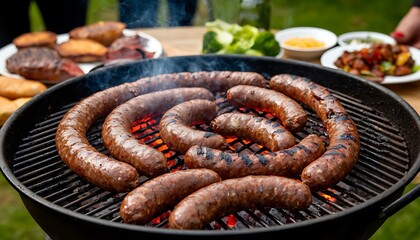 Sausages cooking on hot coals with smoke rising, preparing delicious food for an outdoor gathering with various side dishes