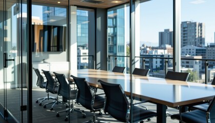 Modern conference room with panoramic city views and sleek furniture design.