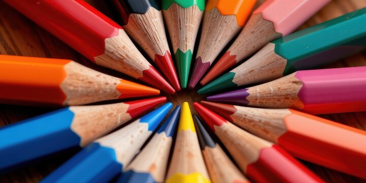 Colorful pencils arranged in a circular pattern on a wooden surface.
