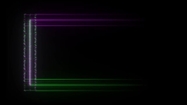 Vertical Neon Rectangular Frame with Glitch Effect Green and Purple on Black Background abstract border