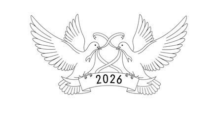 Vector Illustration of Elegant Doves with Olive Branches and 2026 Banner. Symbol of Peace, Love, and Hope.