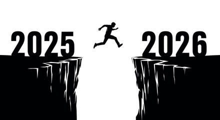 Vector Illustration of a man jumping from 2025 to 2026, symbolizing new year transition, future goals, and success.