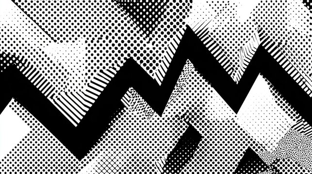 Abstract black and white patterns featuring zigzag lines and dotted textures create a dynamic visual effect. - Powered by Adobe