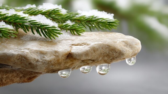 Extreme close-up macro shot of pure water droplets hanging from a natural beige stone, refracting an inverted reflection of a snow-covered evergreen branch above, symbolizing winte
