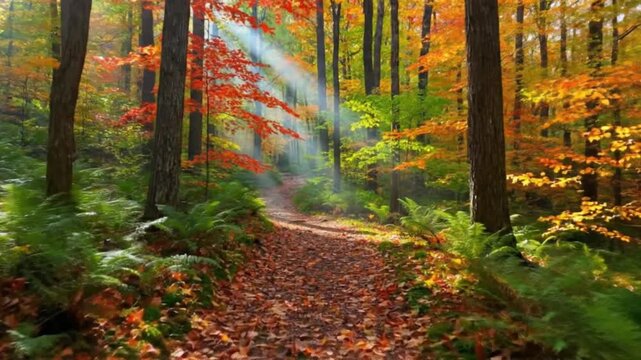 Autumn forest path with sun rays and colorful leaves, nature 4k video