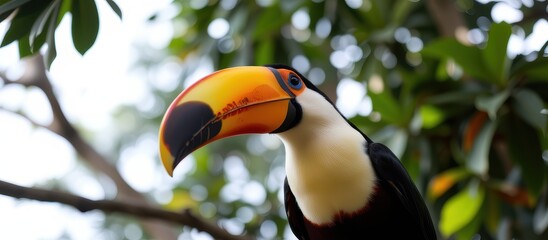 Naklejka premium Colorful toucan perched among green leaves in a vibrant forest setting.