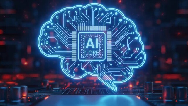 Futuristic AI chip processing data streams in a neural network technology brain