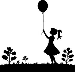 Silhouette of girl holding balloon for playful, nostalgic, and dreamy illustration © Mom