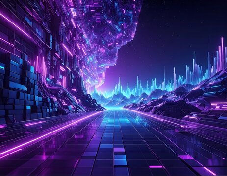 Futuristic sci-fi landscape with neon lights and a digital city scape - Powered by Adobe