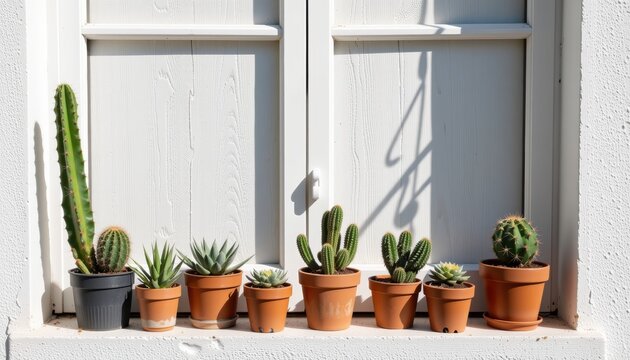 Brightly lit window showcasing various potted cacti and succulents.