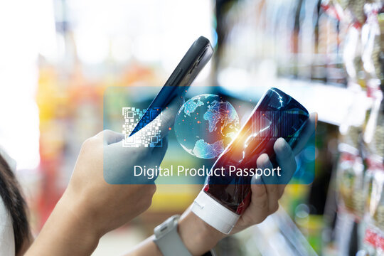 Digital product passport scanning with smartphone in store showing QR code, barcode, global data network