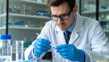 Scientist in lab coat and gloves using a dropper for a precise chemical experiment, focusing on research and analysis