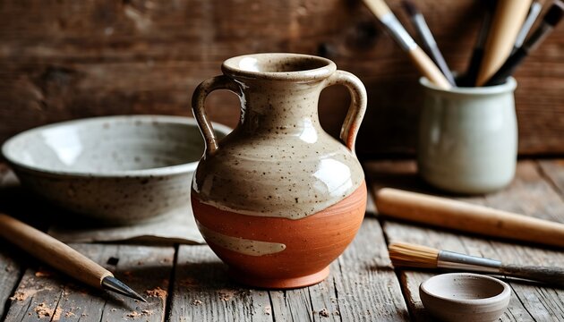 Rustic scene displaying a unique, handcrafted ceramic vase, surrounded by tools for pottery making, promoting creativity and craft - Powered by Adobe