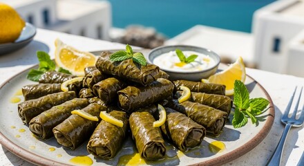 Plate of grape leaf dolma neatly arranged with olive oil and lemon, appetizing mood, Mediterranean cuisine 