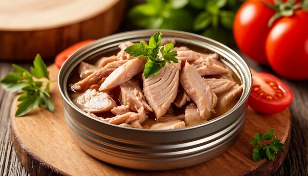 Canned tuna flakes with a fresh parsley garnish, ready for cooking or serving on a rustic wooden surface with fresh tomatoes - Powered by Adobe