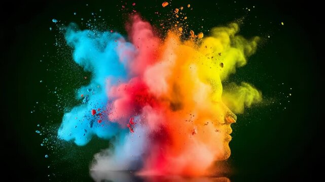 Colorful explosion of powder forming a human head silhouette against a dark background, representing creativity