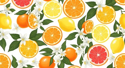 Seamless citrus pattern background with lemon orange grapefruit and flowers summer fresh design