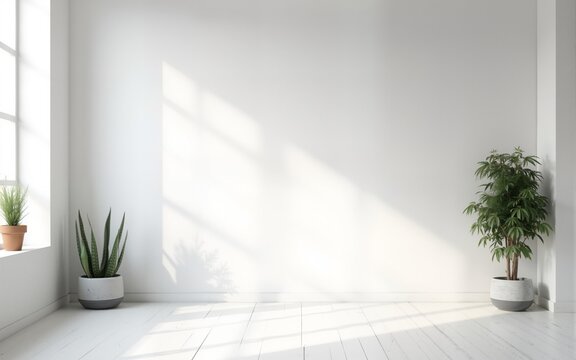 Minimalist Pastel pale light neutral gray empty room interior blank wall background backdrop with plants window light shadows for online presentations webinars and virtual meetings teams video call