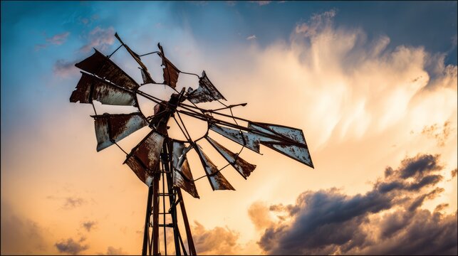 anemometer. Damaged windmill with broken sails turning against a stormy sky, resilience theme. ESG reports, sustainability campaigns, designed for environmental awareness campaigns.
