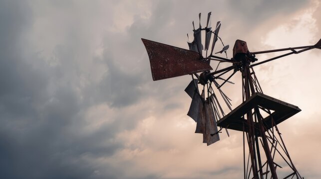 anemometer. Damaged windmill with broken sails turning against a stormy sky, resilience theme. ESG reports, sustainability campaigns, designed for environmental awareness campaigns.
