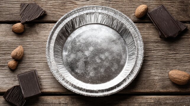Silver foil plate mockup on rustic wood background