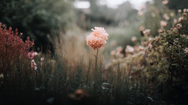 imprecise. A lone vibrant flower blooms among thorny bushes in a serene morning garden. gardening catalogs, home-decor guides, designed for gardening and botanical catalogs.
