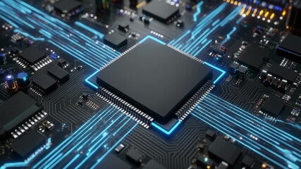 A minimal close-up of an advanced microprocessor with its central die area appearing empty or inactive. The chip sits against a soft, neutral background, emphasizing the delicate grid of gold contact  - Powered by Adobe