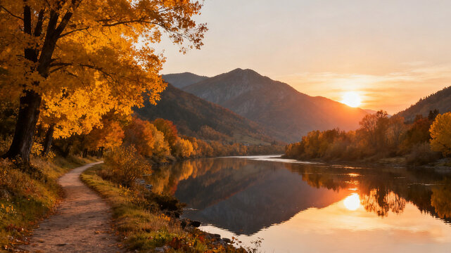 Scenic autumn view of a river with mountains reflected in calm water. Trees with golden foliage line a countryside path at sunset . Vibrant seasonal colors and peaceful nature in fall