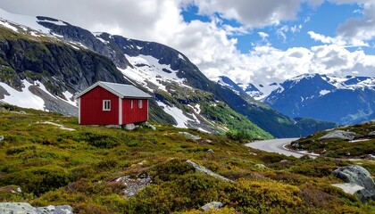 Picturesque red cabin nestled in the Norwegian mountains.