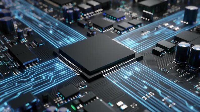 A minimal close-up of an advanced microprocessor with its central die area appearing empty or inactive. The chip sits against a soft, neutral background, emphasizing the delicate grid of gold contact 