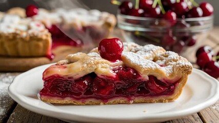 Cherry pie slice on plate with background. - Powered by Adobe