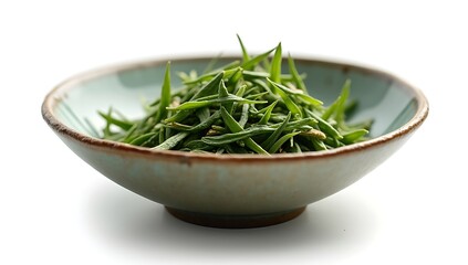 A small textured clay bowl filled with dried mint leaves, soft bright lighting, minimal layout, crisp high-detail leaf texture, fresh herbal ingredient photography.