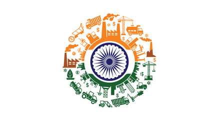 Indian economy concept showing key sectors like industry, agriculture, and commerce depicted within the national flag's colors and Ashoka Chakra.