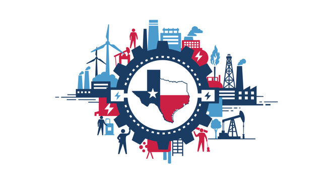 Texas economy and industry graphic, featuring the state map within a gear, surrounded by symbols of energy production, manufacturing, and labor.