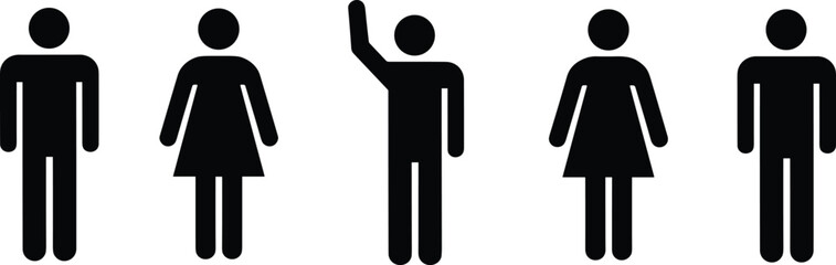 Male and female stick figure icons, people silhouette symbols, simple human pictogram illustration for signage, infographic design, communication and user interface
