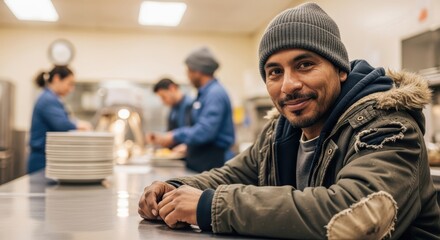Homeless people. Smiling man in a warm jacket sits at a table in a communal kitchen, surrounded by volunteers serving food, showcasing community support and compassion for the homeless