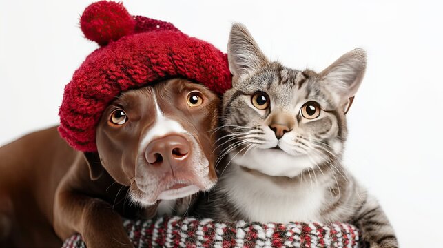 Adorable brown and white pit bull dog wearing festive red hat sitting beside cute gray tabby cat in cozy sweater, isolated on transparent background, symbolizing friendship, warmth, and holiday charm.