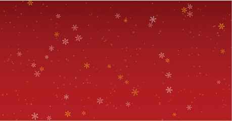 Christmas background with gold and white snowflakes falling on red gradient.