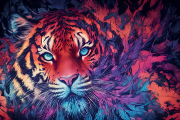 Fototapeta premium Abstract tiger head, portrait art - Colorful abstract painting of neon jungle tiger portrait (Generative AI)