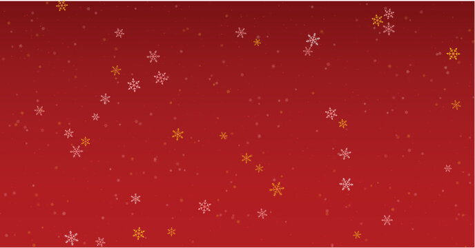 Christmas background with gold and white snowflakes falling on red gradient.