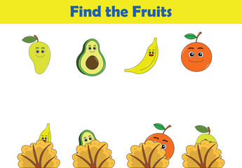Find Hiding fruits. Child Exercise Sheet with fruits. Printable worksheet. Cartoon vector illustration