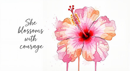 Hibiscus in vibrant pink and orange loose watercolor illustration with handwritten quote “She blossoms with courage” bold uplifting mood, floral empowerment concept