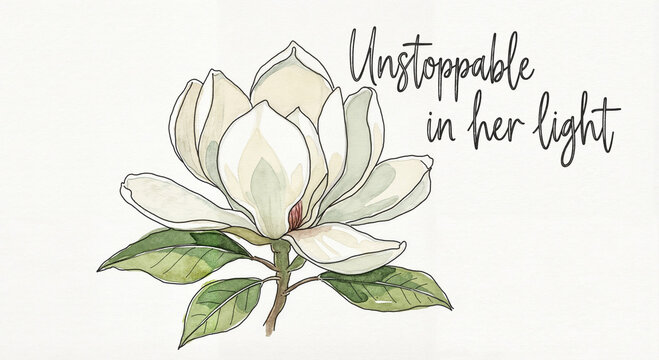 Magnolia in creamy white and soft green loose watercolor illustration with handwritten quote “Unstoppable in her light” gentle empowering mood, floral inspiration concept