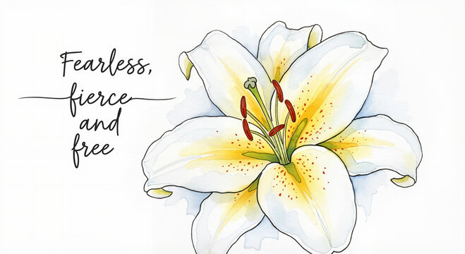 Lily in white and pale yellow loose watercolor illustration with handwritten quote “Fearless, fierce, and free” bold uplifting mood, floral empowerment concept