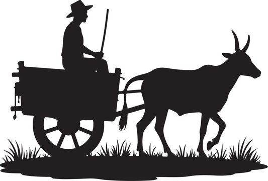 Silhouette of man driving ox cart through grass vector