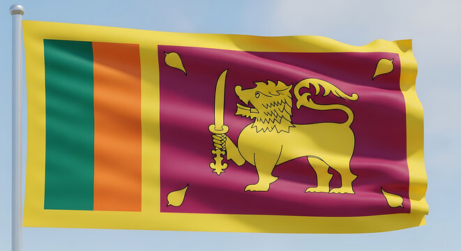Sri Lanka national flag with maroon field featuring golden lion holding sword and four bo leaves bor 33163077 1