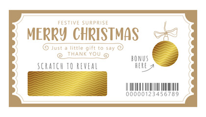 Merry Christmas gift voucher template. Scratch to reveal. Vector layout of lucky ticket. Whimsical style and gold.